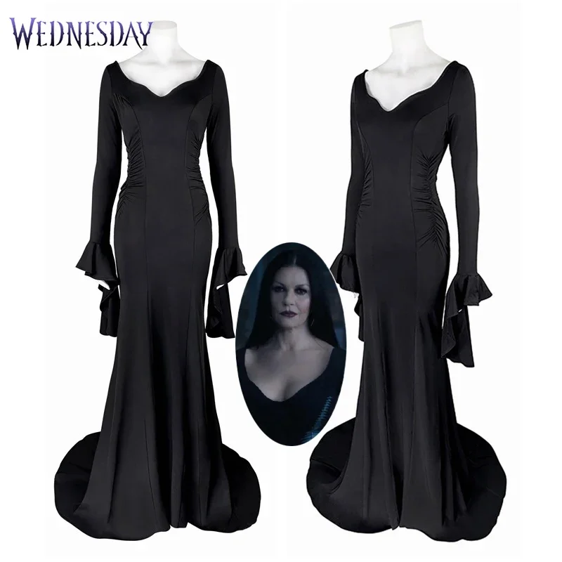 

Wednesday Addams Dress Movie Morticia Addams Cosplay Costume Wig Halloween Adult Women Punk Gothic Witch Lace Up Slim Gown Dress