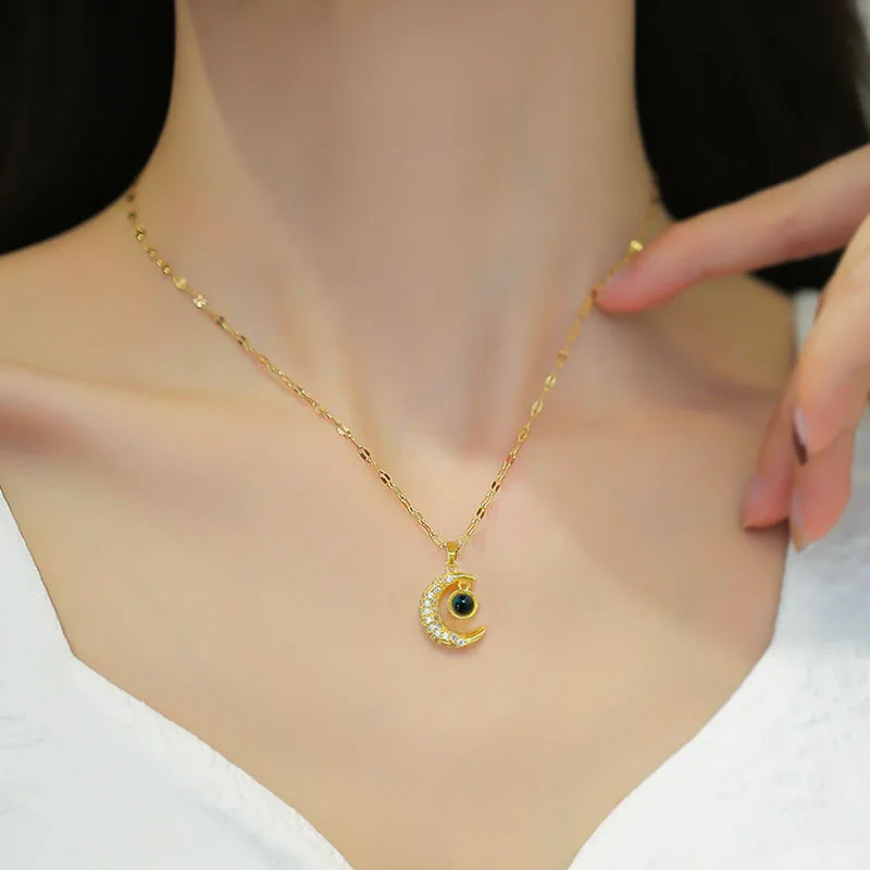 Fashion 100 Languages I Love You Moon Clavicle Pendant Necklace For Women Stainless Steel Jewelry Gifts image 4