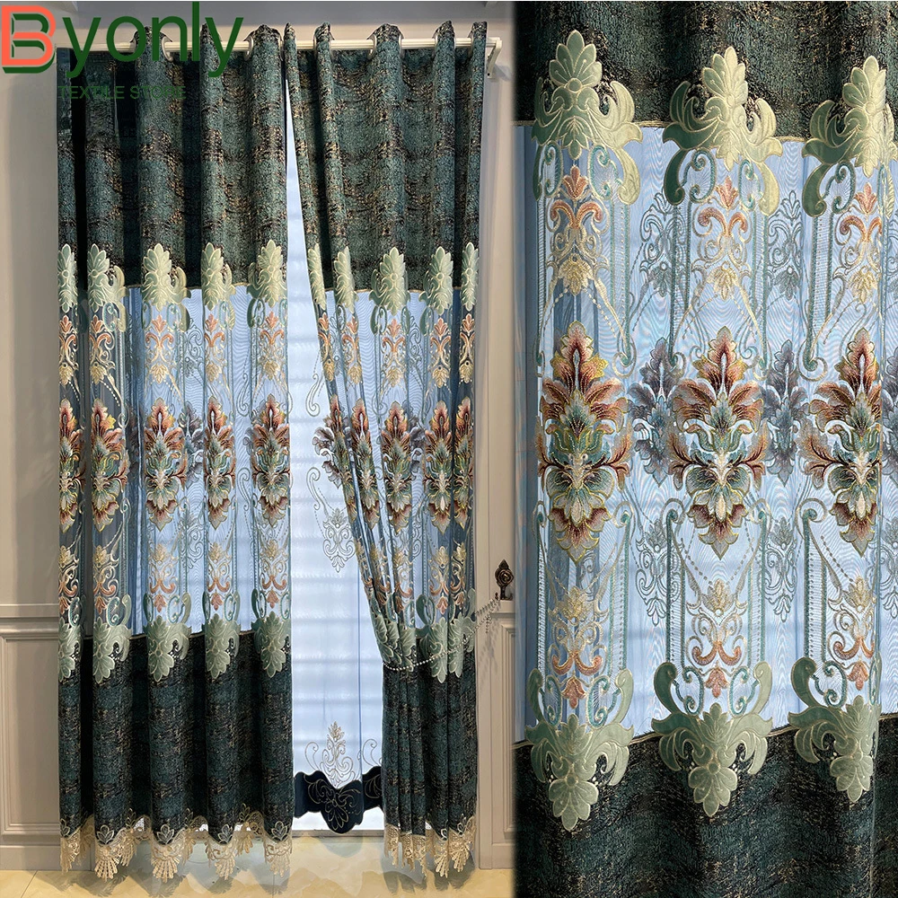 

European Green Chenille Embroidered Window Screen Hollow Out Curtains for Living Room Bedroom Villa French Window Balcony