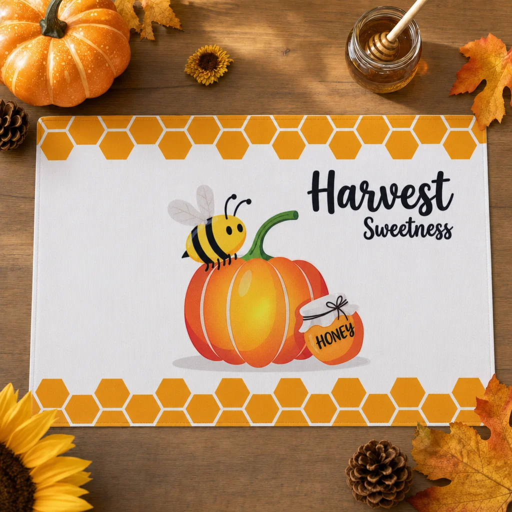 1/2/4pcs pumpkin bee rectangular placemat in autumn, made of polyester, suitable for autumn dining table and Thanksgiving Day.