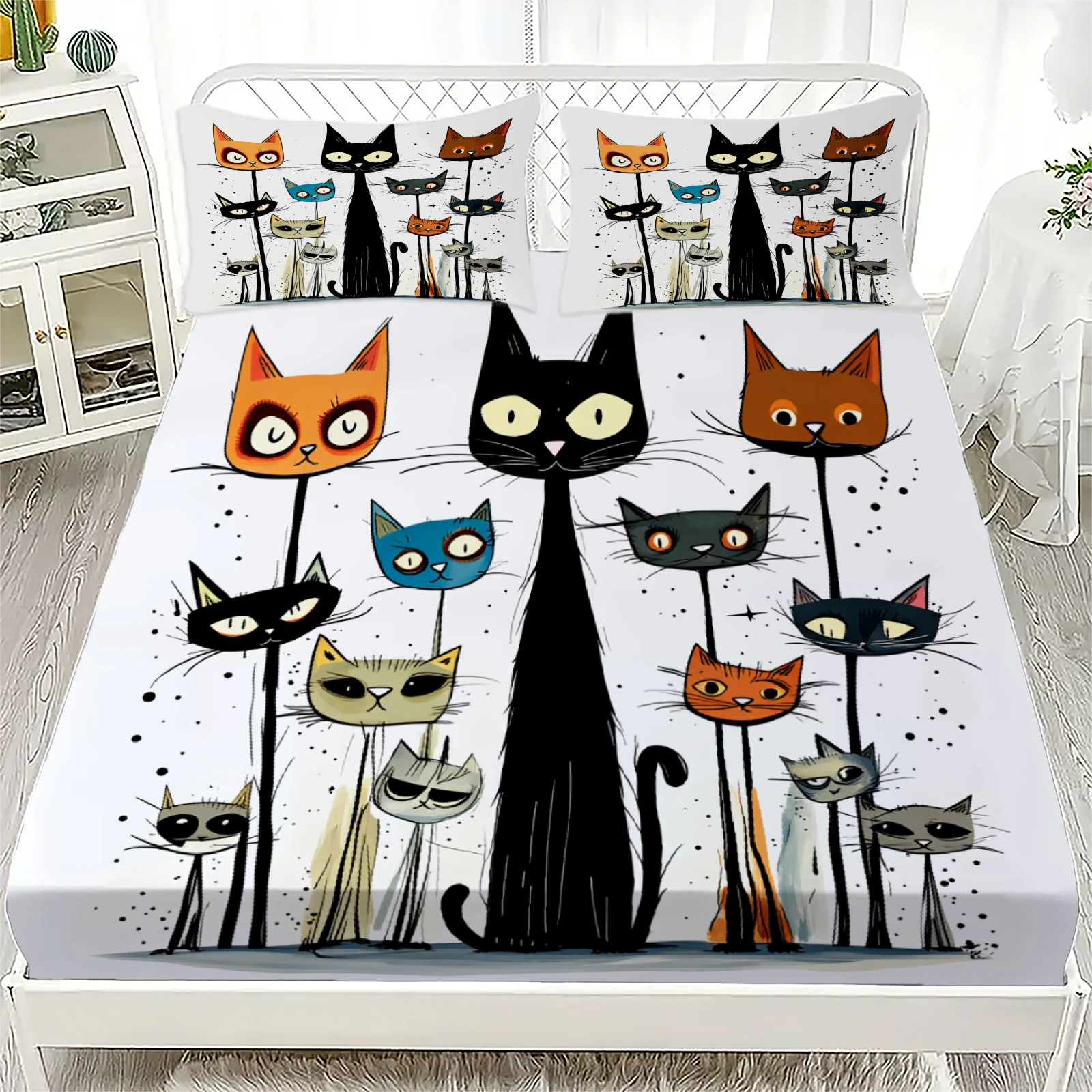 

Комплект постельного белья с кошачьим принтом, белый цвет, с рисунком мультяшных кошек, с наволочками для декора спальни