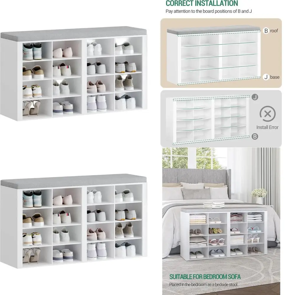 

White Entryway Storage Bench with Cushion and 16 Adjustable Cubby Shelves for Shoes