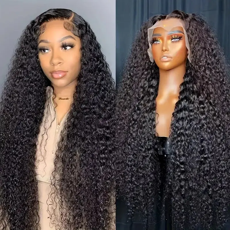 13x4 Curly Lace Front Natural Black Frontal Wig Glueless 20 38 Inch Deep Wave Human Hair Wigs  For Women Full 150% Brazilian