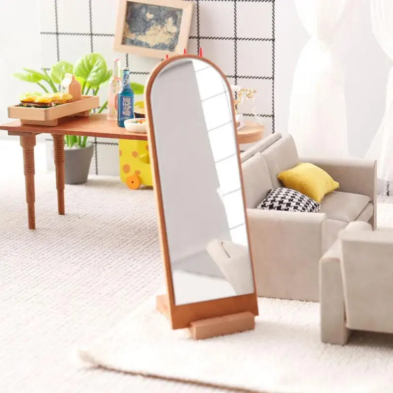1/12 Dollhouse Cherry Wood Wooden Full-length Mirror Model Dollhouse Furniture Ornament Doll House Micro Scene Decor