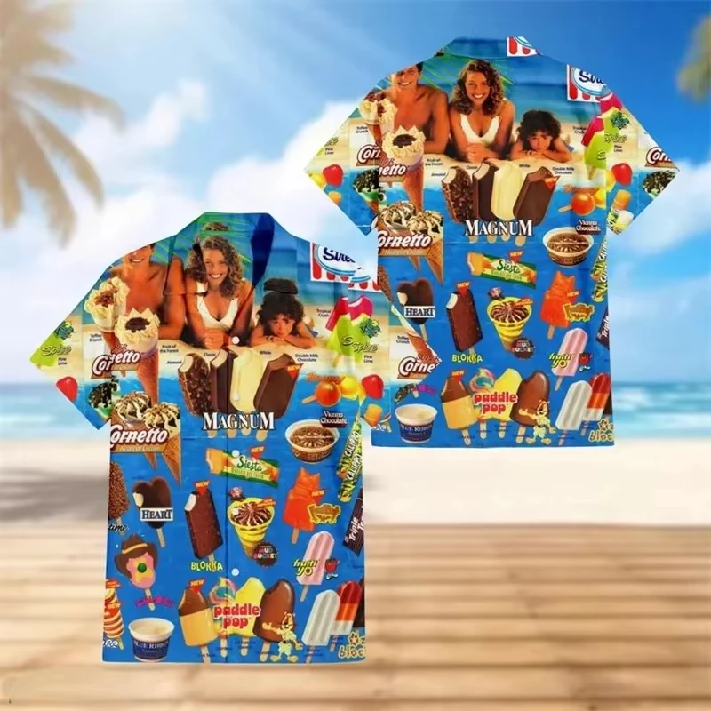 Summer Funny Ice Cream Graphic Party Shirts For Men 3D Hawaiian Cold Popsicle Print Beach Shirt Casual Vacation Ice cream Blouse