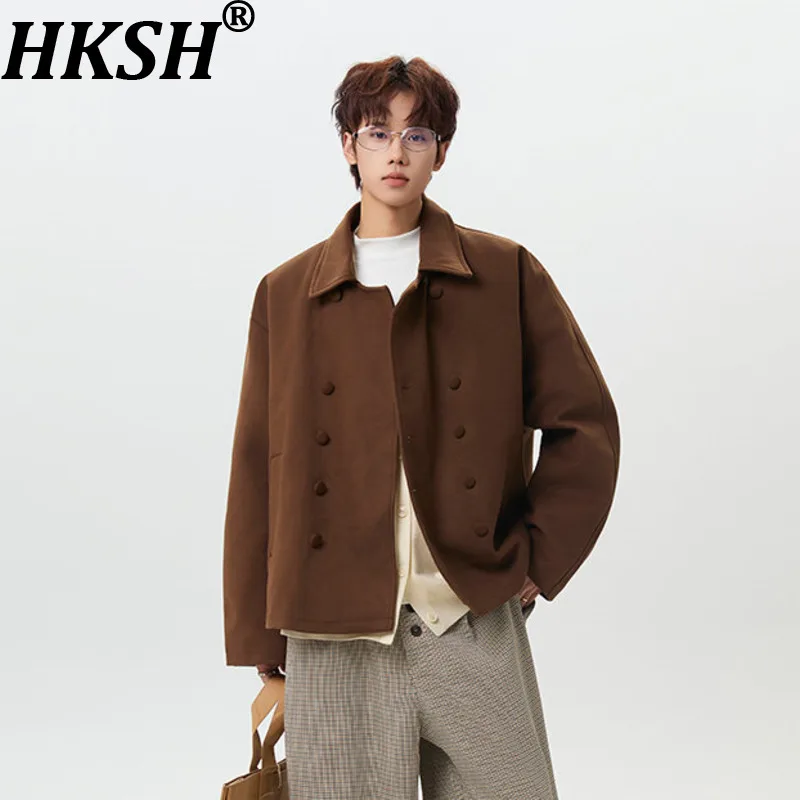 HKSH Men Woolen Coat Short Style Autumn Winter New Tide Chic Ins Punk Turn-Down Collar Trench Coat Korean Version Jacket HK28404