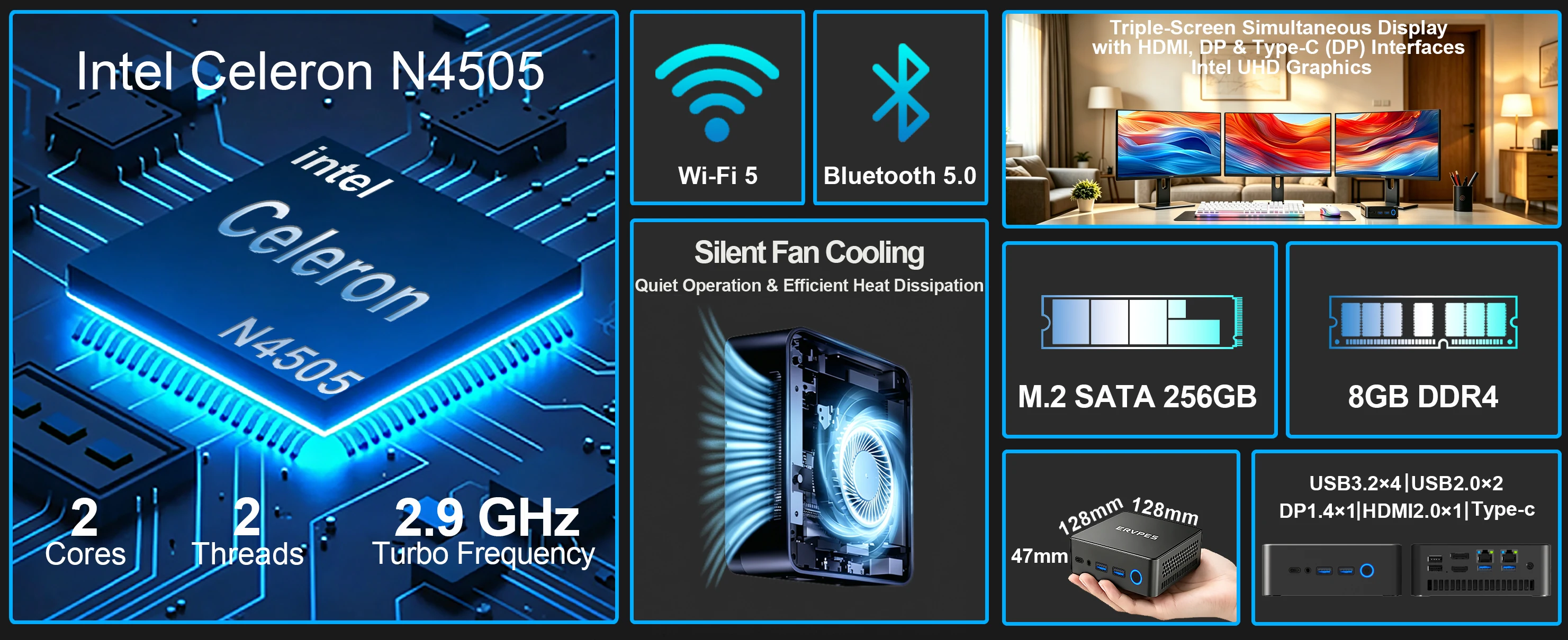 ERVPES E1PRO Mini Pc 8GB LPDDR4 256GB SSD Intel N4505 Windows 11 Pro Dual-Band Wifi BT5.0 Office Desktop Mini Computer
