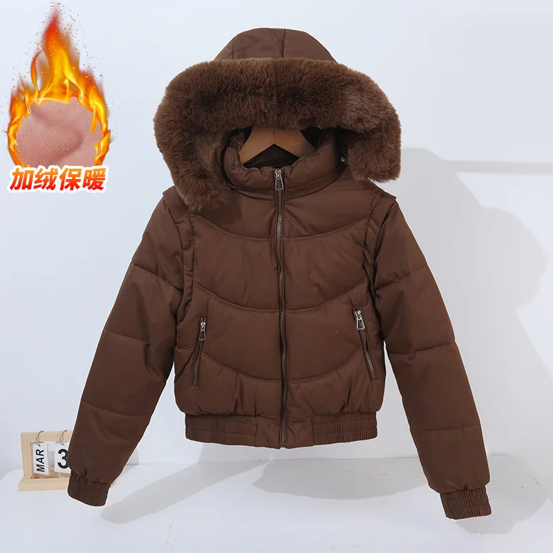 Winter Thickened Short Korean-Style Cotton-Padded Jacket with Fur Collar for Petite Women Warm Coat down Filled