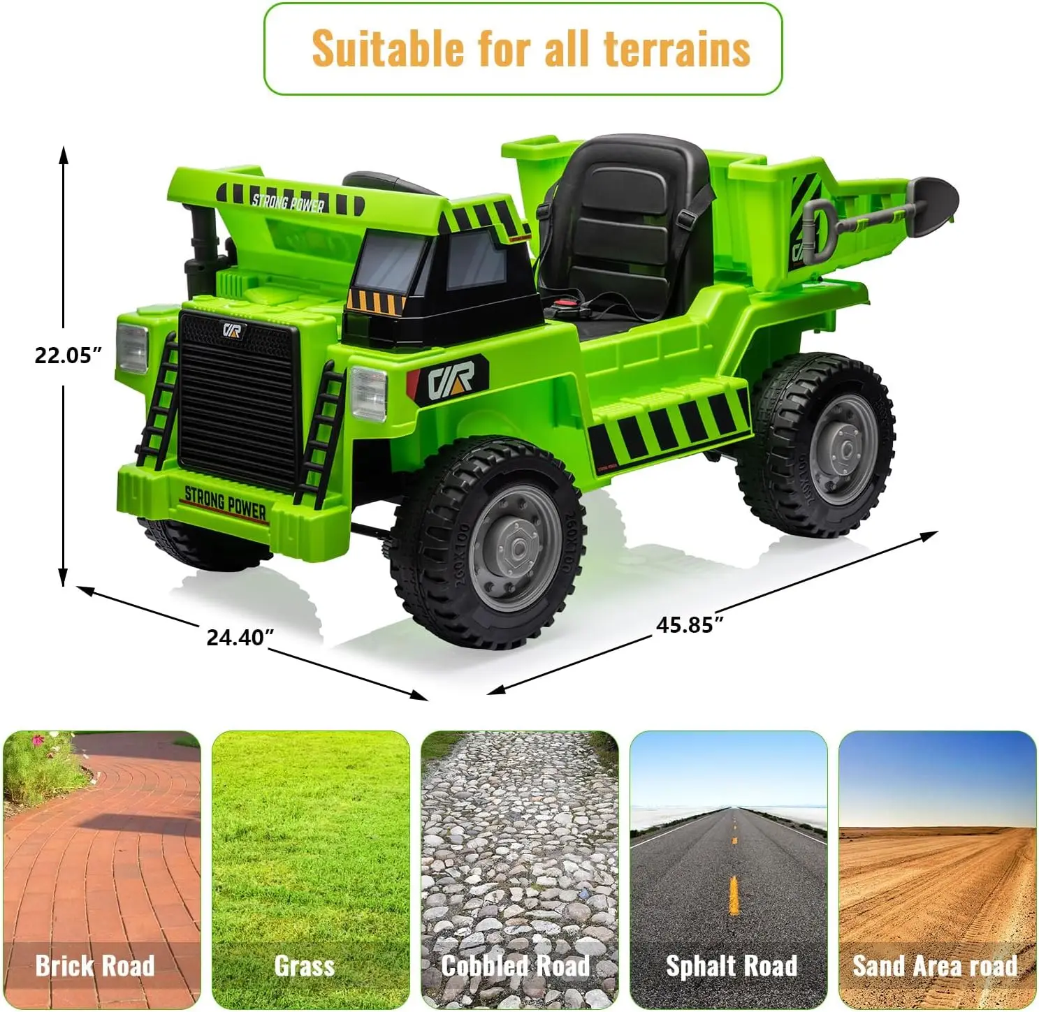 Camion à benne électrique pour enfants 12V. Véhicule de construction avec télécommande, moteurs à deux vitesses, MP3/USB, lumières, klaxon, automatique