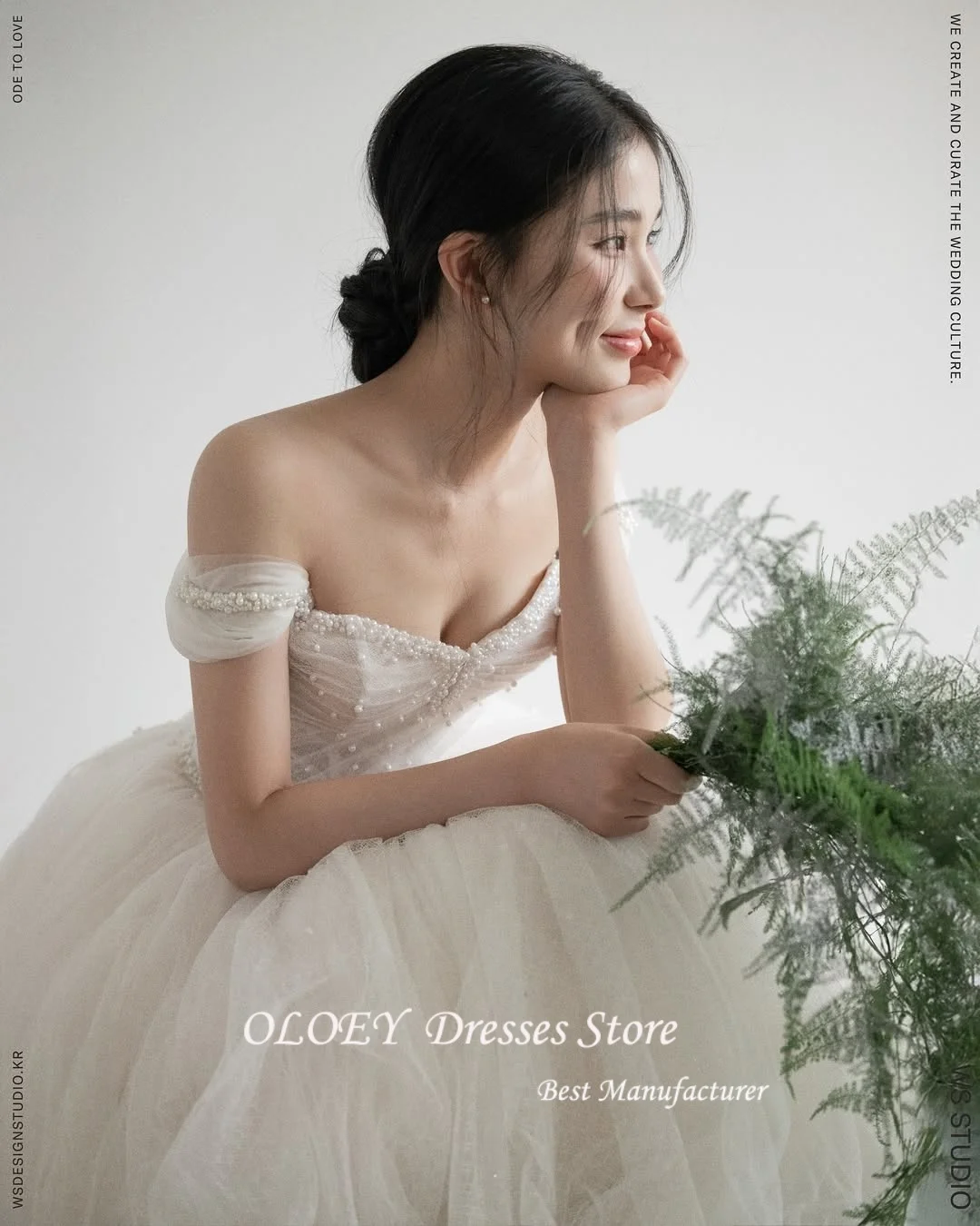 OLOEY Classic 웨딩드레스 Off Shoulder A-line Korea Wedding Dresses Beaded Pearl Tulle Pleat Corset Bridal Gowns Customized