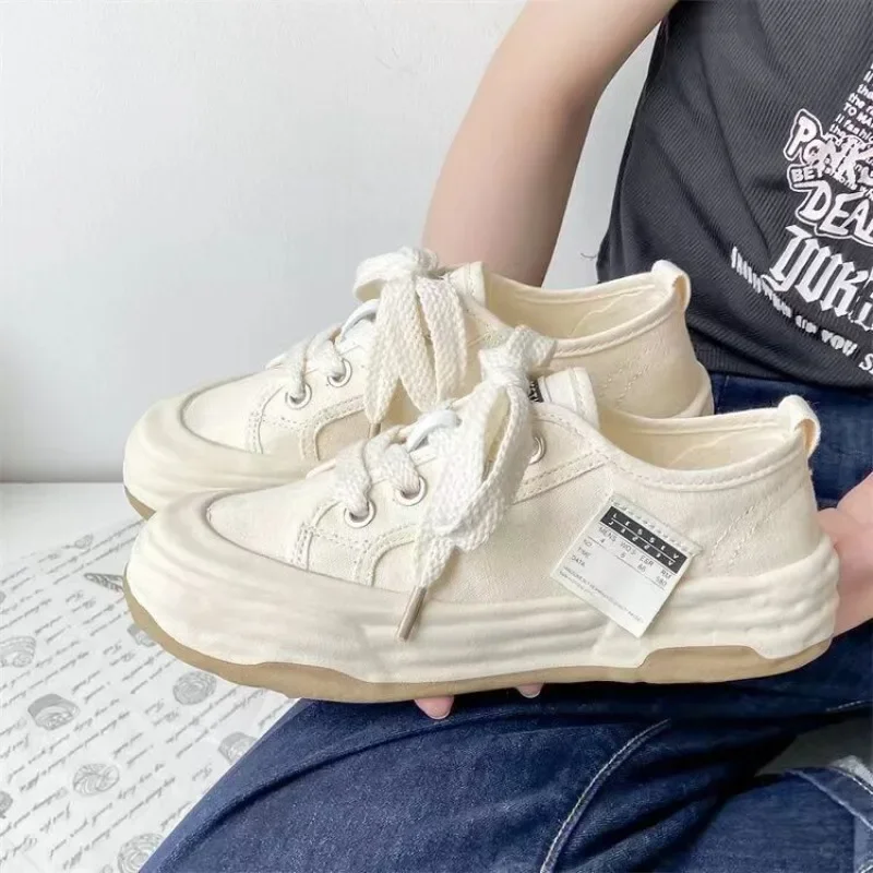 Canvas Flat Black Ladies Shoes Off White Women Footwear Lace Up With Promotion Hot Daily Routine Urban A New Arrival 2024 Korean