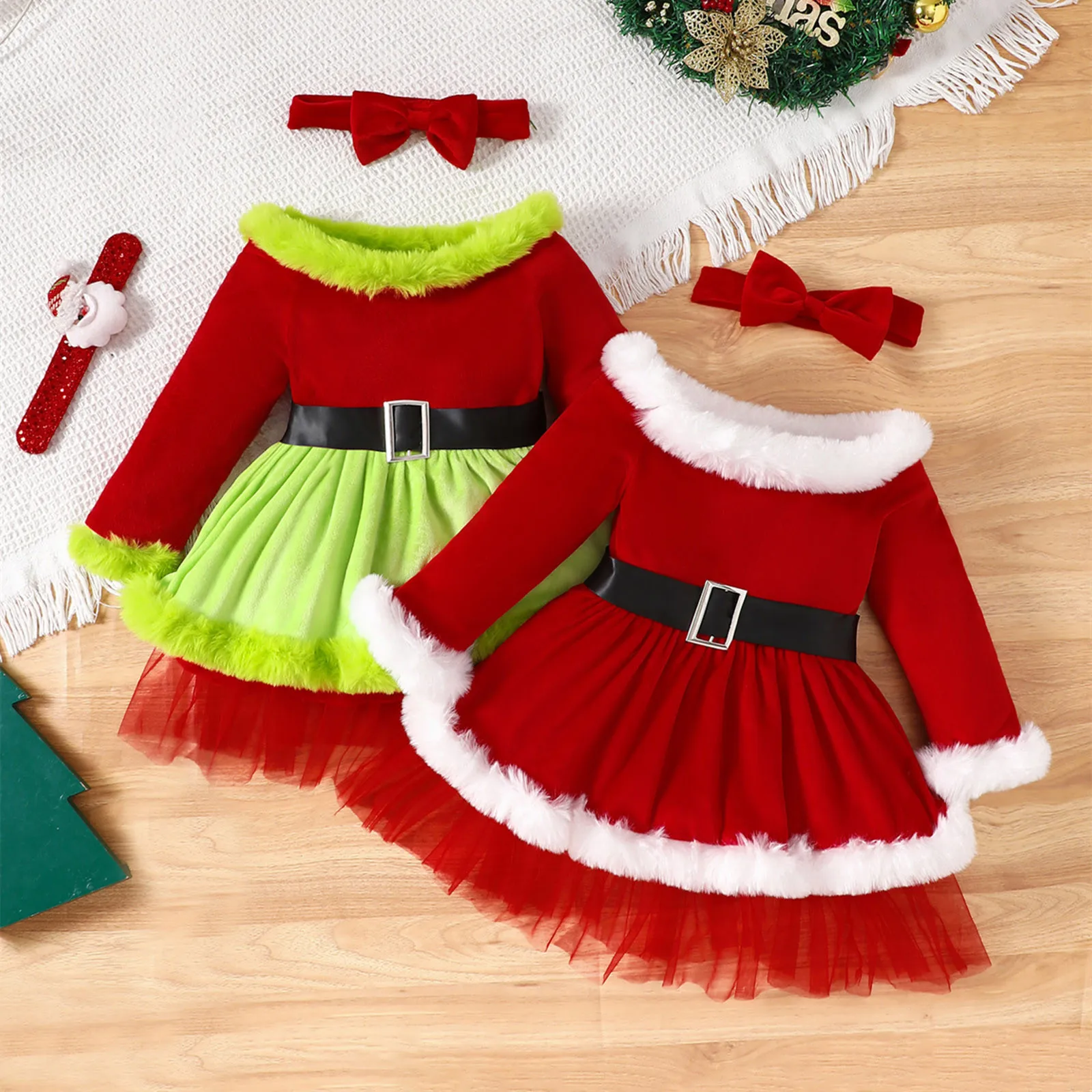 Kids Girls Christmas Dress Winter Long Sleeve Furry Patchwork Dress with Bowknot Headband for Cosplay Party Christmas Outfits