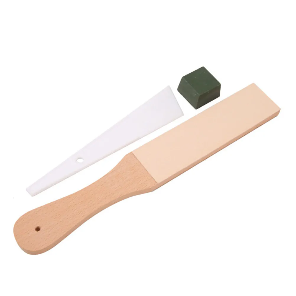 1Set Wood Handle Sharpener Board Double Sided Sharpening Strop Razor Polishing Board for Cutting Tools Razors
