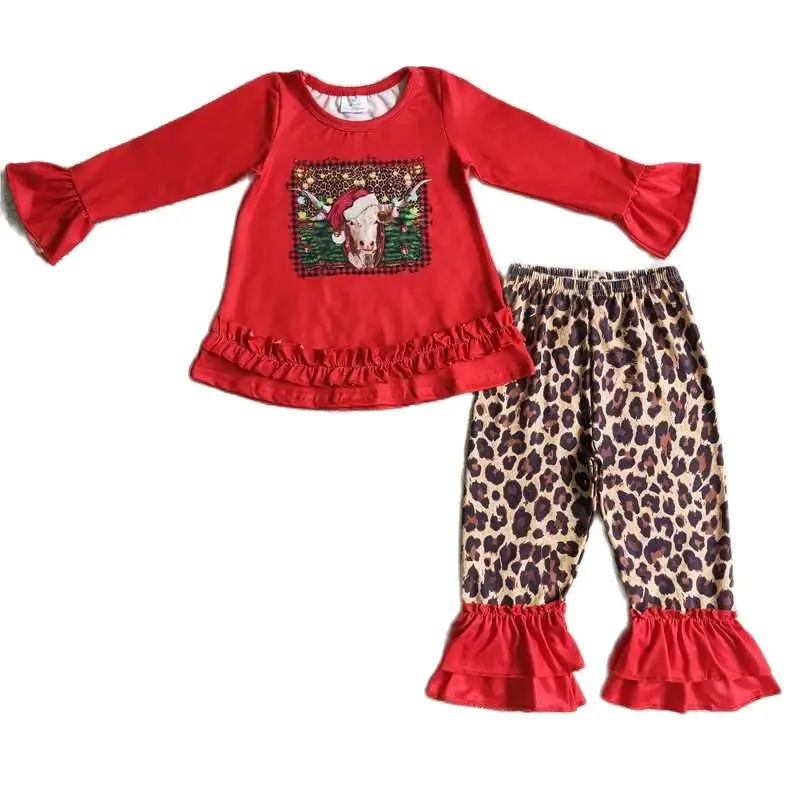 Girls Alpine Red Long Sleeve Leopard Trouser Set