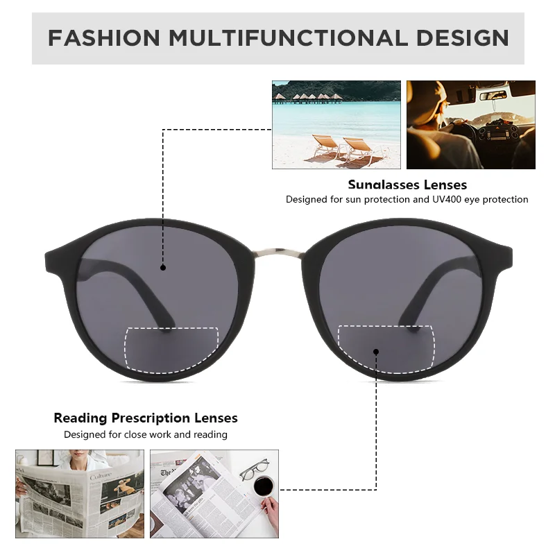 ZENOTTIC Retro Round Bifocal Reading Sunglasses Women Men Outdoor Reading Readers Presbyopia UV400 Sun Glasses with Diopters