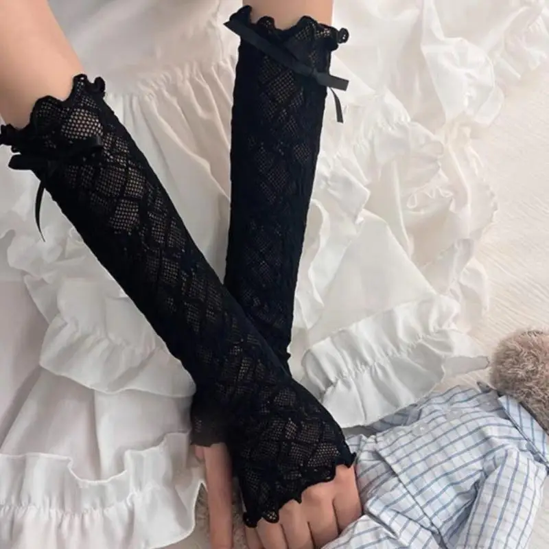 Spitzen-Rüschen Y2k Handschuhe Fingerlose Handschuhe Fäustlinge JK Lolita Kawaii Damen Netz-Fischernetz Schleifenhandschuhe – Detail 10