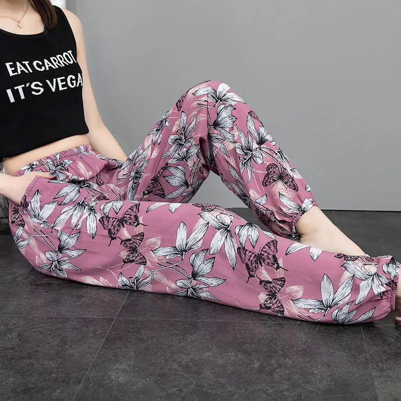 New Style Middle-aged and Elderly People Summer Thin Cotton Wide Leg Pants Extra Large Top Grade Pajama Pants Loose Floral Pants