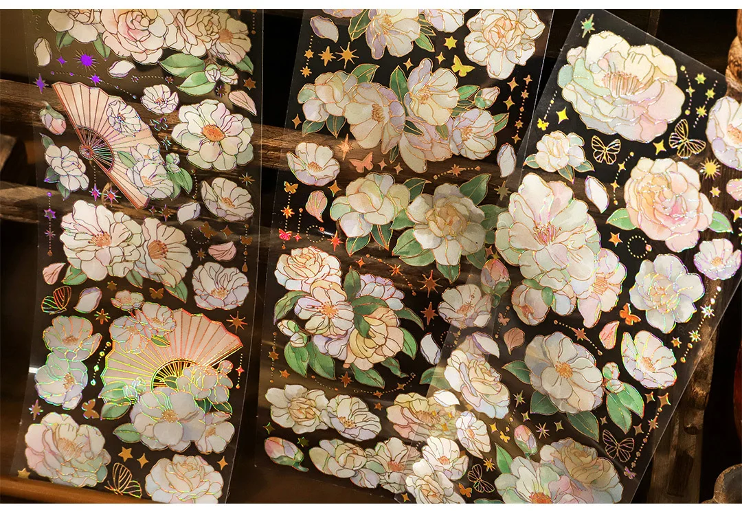 3 Sheets/pack Sky Light Flower Shadow Series 3D Color Hot Gilding PET Stickers China Retro Plants Scrapbook Decorations