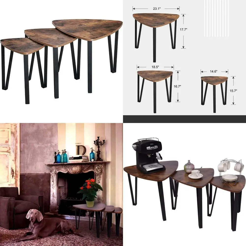 

Industrial Style Nesting Triangle Tables - Stackable, Wood-Like Appearance with Iron Frame