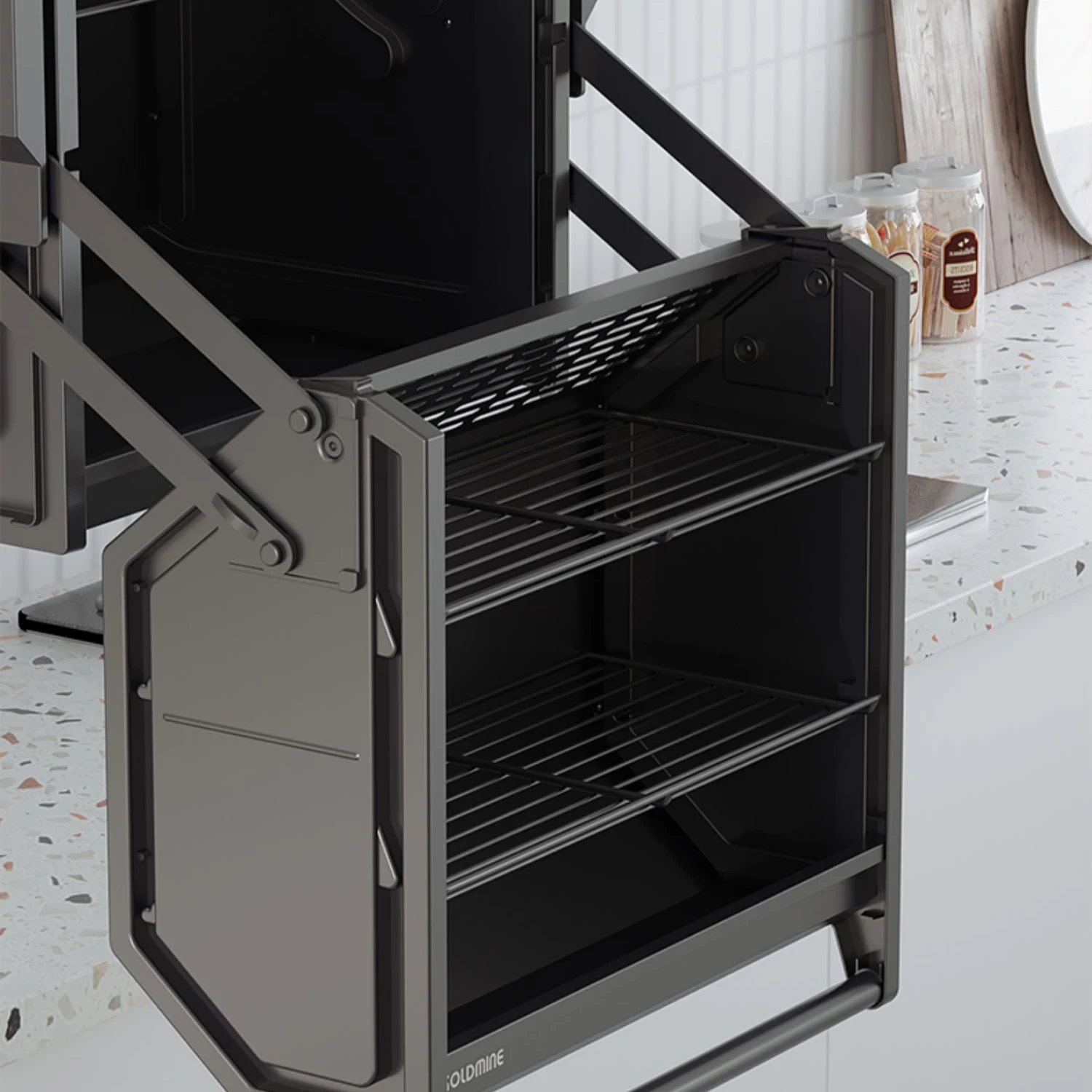 Goldmine Kitchen Cabinet Vertical Elevator Pull Down Shelf Lifting Seasoning Basket Multifunctional Pantry Storage Lift Rack