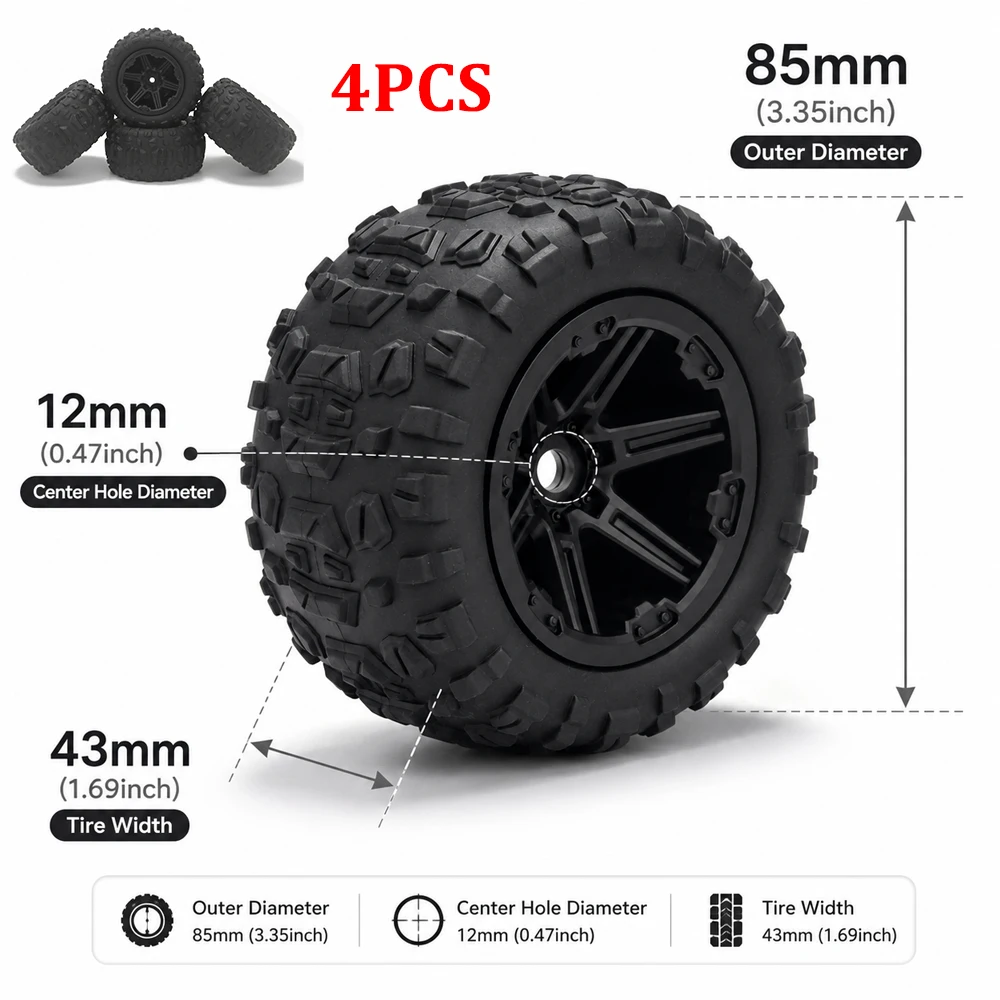 4PCS 85mm 12mm Hex RC Tires 85x43mm Hub Wheels Tyre Skidproof Wear-resistant for HS 1/14 RC Car Desert Short Course Truck Parts