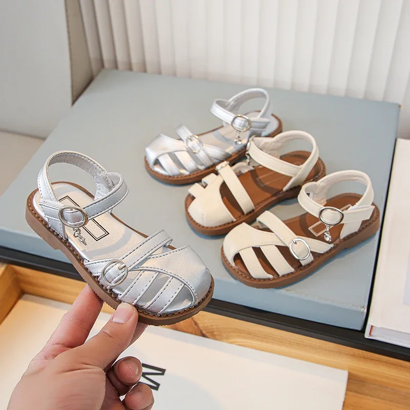 

Summer Girl's Sandals Hollow-out Beige Sliver Pu Leather Leisure Kids Sliders Cover Toe Daily Trendy Anti-slip Children Shoes