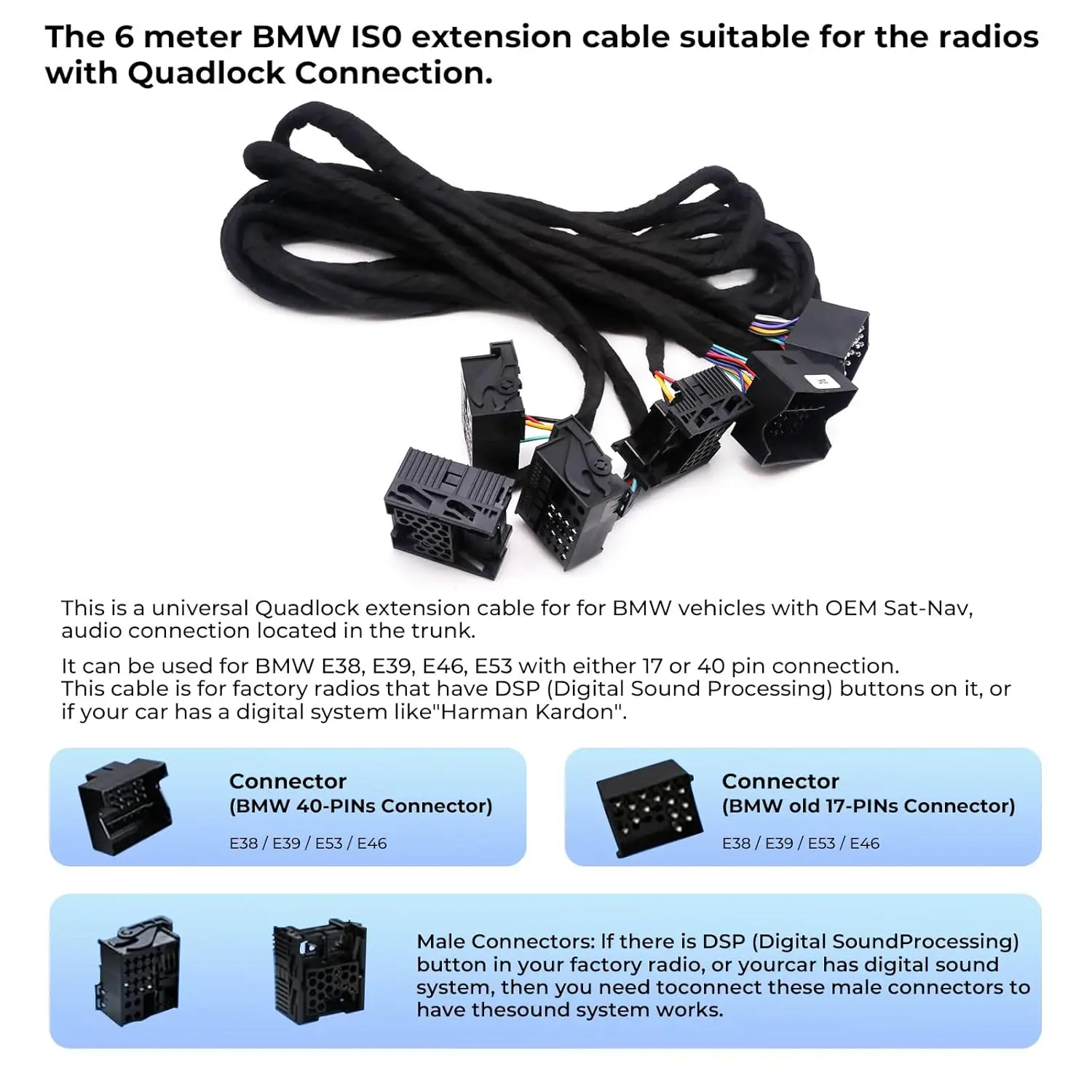 KASTNAVIN IS0 Extension Cable Harness Adapter Suitable for BMW E38 E39 E46 E53 ISO Stereo Plug Adaptor, 6 Meter