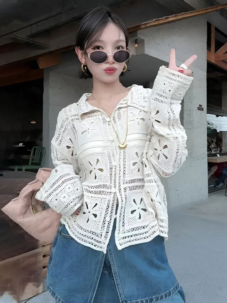 

Women's Loose Knitted Long Sve Open Cardigan Hollow Out Hook Design Autumn Faionable Top Gentle Sle Casual Breeze