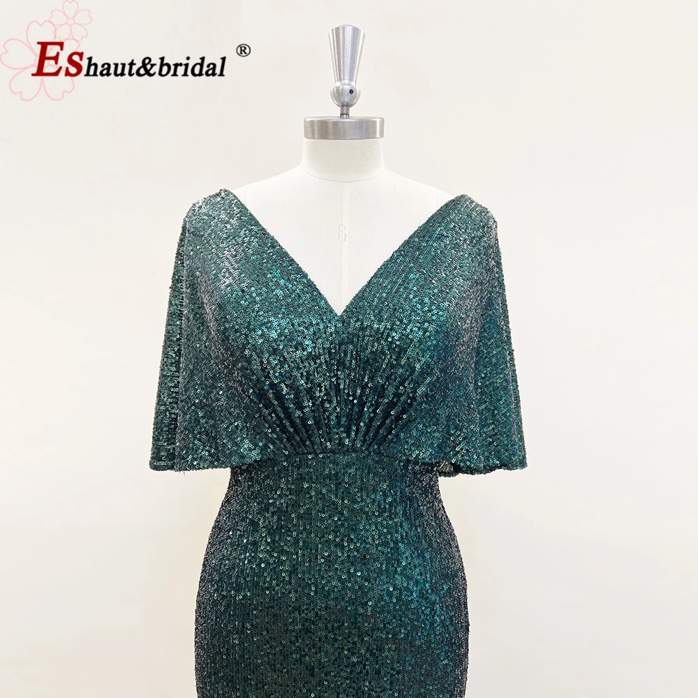 Vestidos de Noche elegantes de lentejuelas para mujer, vestidos de fiesta formales de talla grande con cuello de pico y mangas tipo capa de sirena, personalizados, 2024