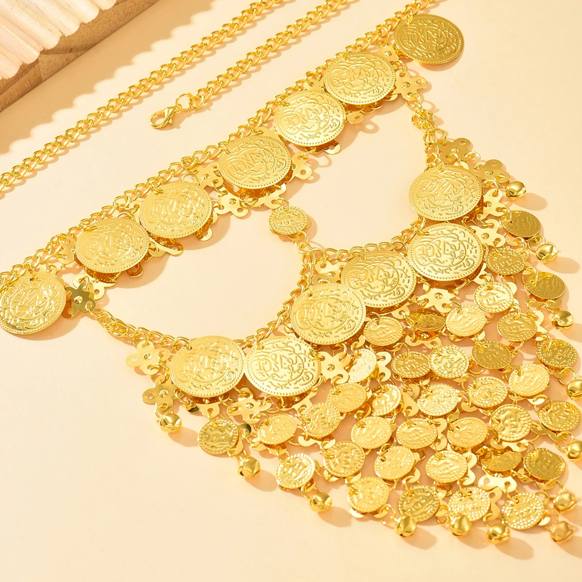 

Middle Eastern Bridal Gold Coin Tassel Face Veil Head Chain, Multi-Layered Pendant,Wedding & Festival Stage Accessory