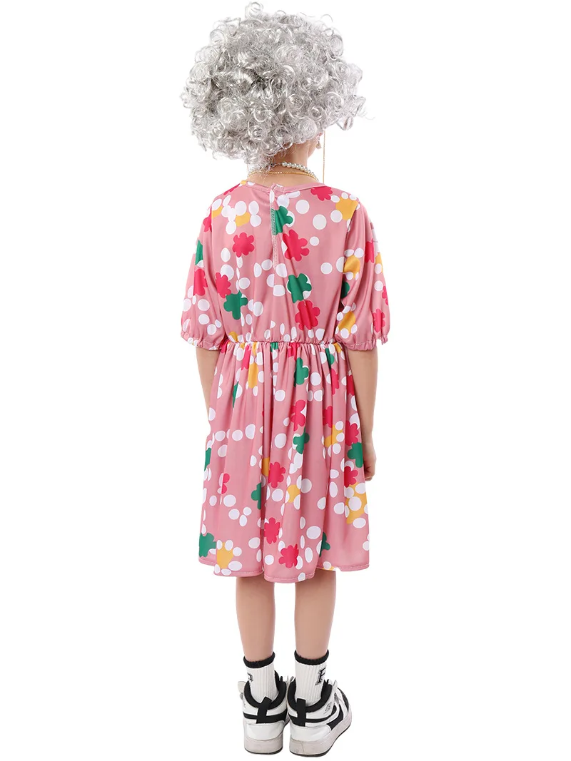 Children's Day granny Cosplay Pink floral skirt Halloween carnival Party Kindergarten performance with accessories kostum