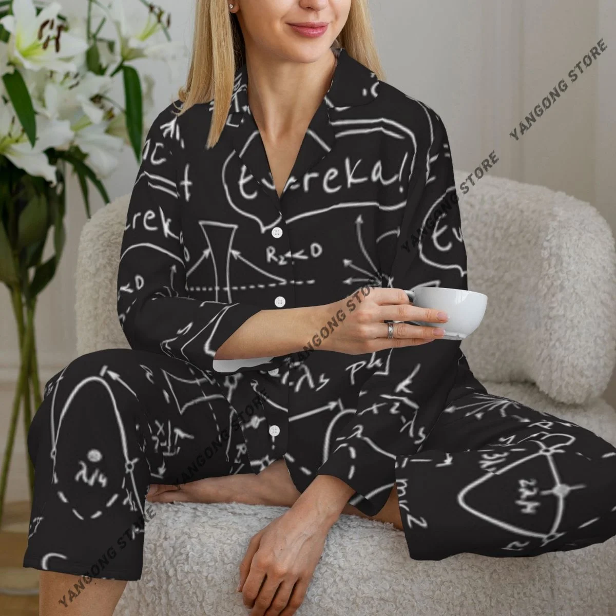 

Women Sleepwear Pajamas Science Scientific Monochrome Arrangement Doodle Formulas Long Sleeve Pijama Set Negligee Cardigan Suit