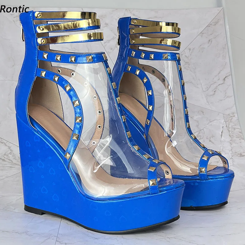 Rontic Women Platform Sandals Sexy Studded Wedges Heels Open Toe Pretty Blue Cosplay Shoes Ladies US Size 5-20