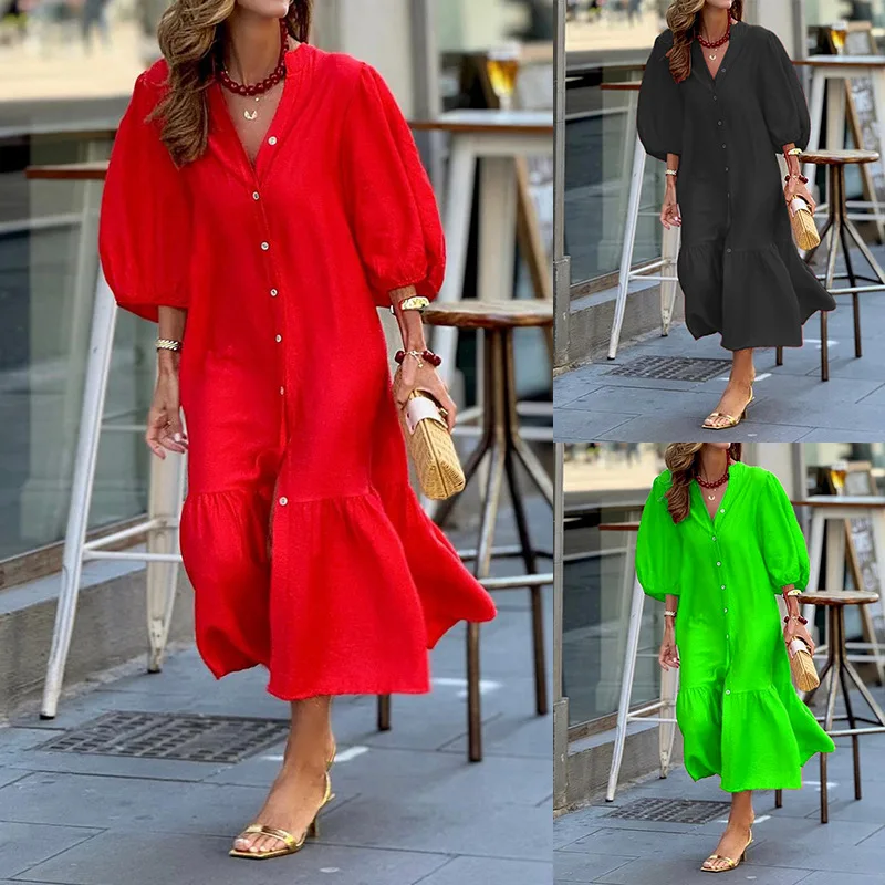 

Dress Women Elegant Fashion Beautiful Women's Dresses Party Night Dresses Evening Woman Loose Puff Sleeve Holiday Midi Dress