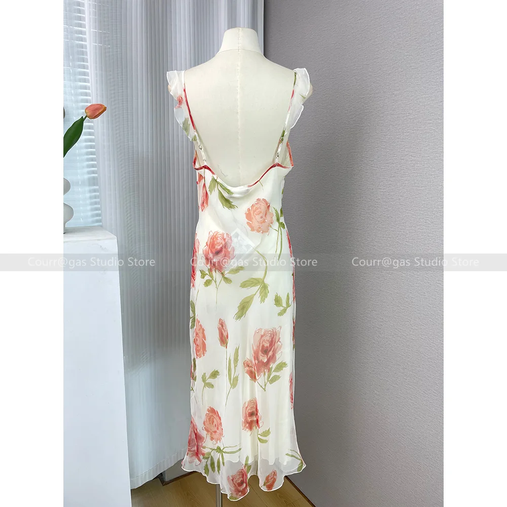 French sweet romantic ruffles V-neck printed silk sleeveless slim resort style dress female