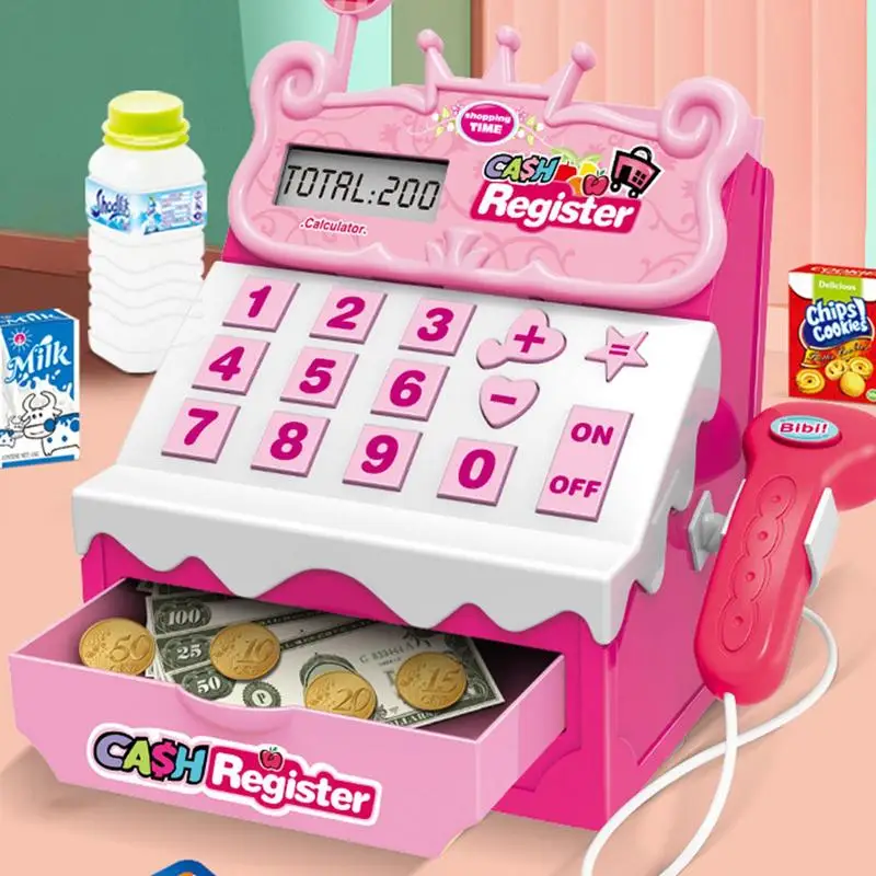 Cash Register Toy Children's Cash Register Simulation Cash Register With Scanner Fake Dollar Bills Toy Kids Grocery Store