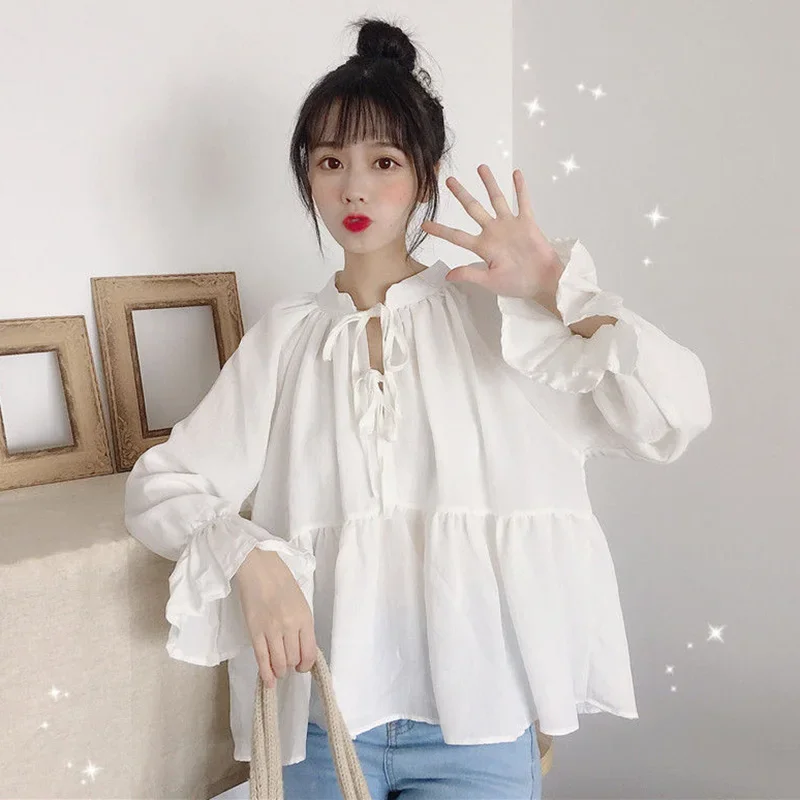 

Flare Sleeve White Shirt Women Sweet Peter Pan Collar Loose Blouse Woman 2024 Spring Summer Korean Style Lace Up Black Shirts