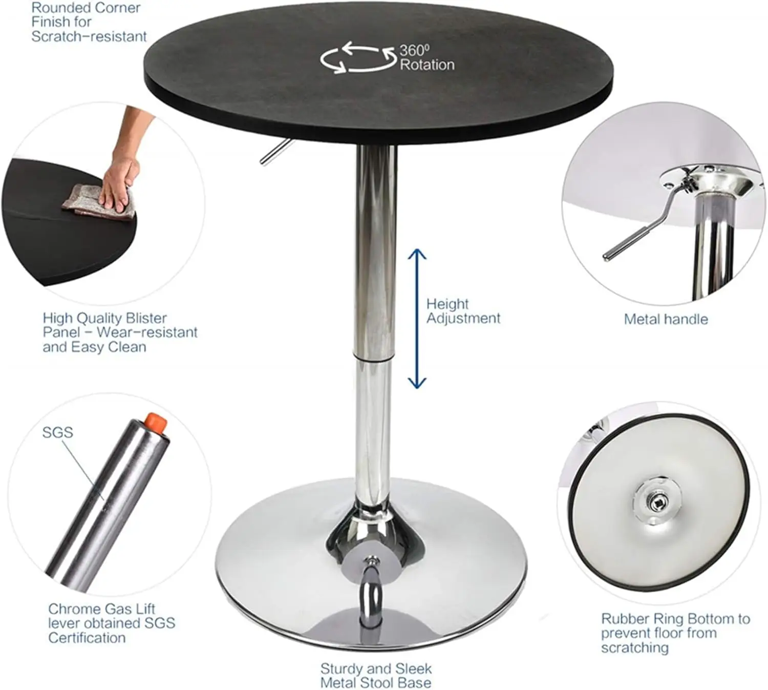 Bar Table Adjustable Height Swivel 360 Degrees Round Pub Desk Black