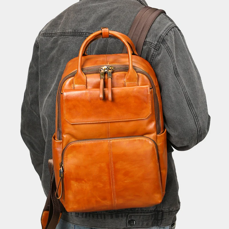 Vintage men's genuine leather backpack made of top-layer cowhide with a distressed finish15Laptop backpack stylish simple bag