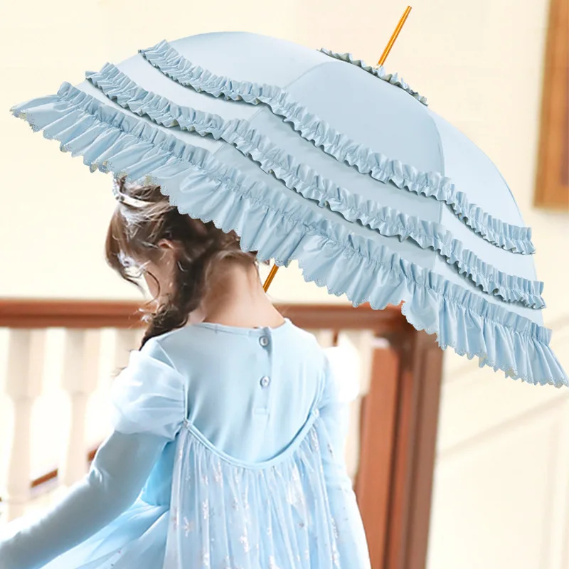 Kids Ruffled Lace Parasol, Cute Lolita Style Sun Protection Umbrella for Girls Party Photo