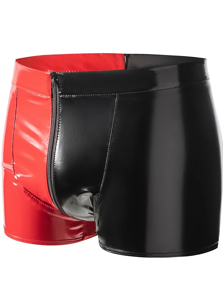 S-5XL Red And Black Wet Look PVC Shorts Shiny PU Leather Convex Pouch Boxer Zipper Trunks Bikini Briefs Boxershorts Calzoncillos