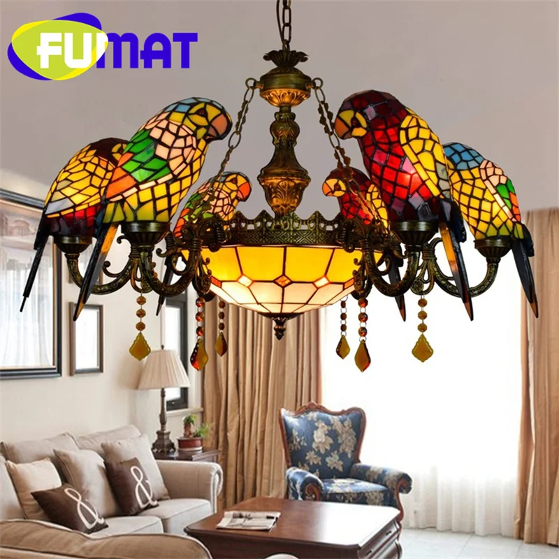 FUMAT Tiffany Light Luxury stained glass double bird multi-head chandelier Garden Living room Bar restaurant aisle parrot decor