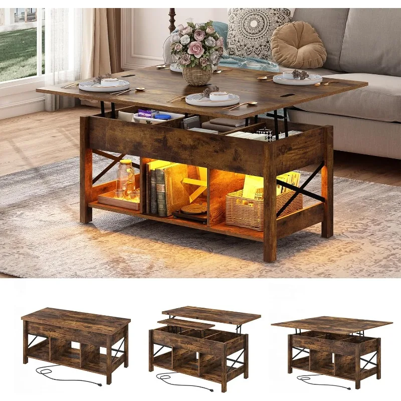 Lift Top Coffee Table, 4 in 1 Living Room Multi-Function LED Table with Charging Station&LED Lights,