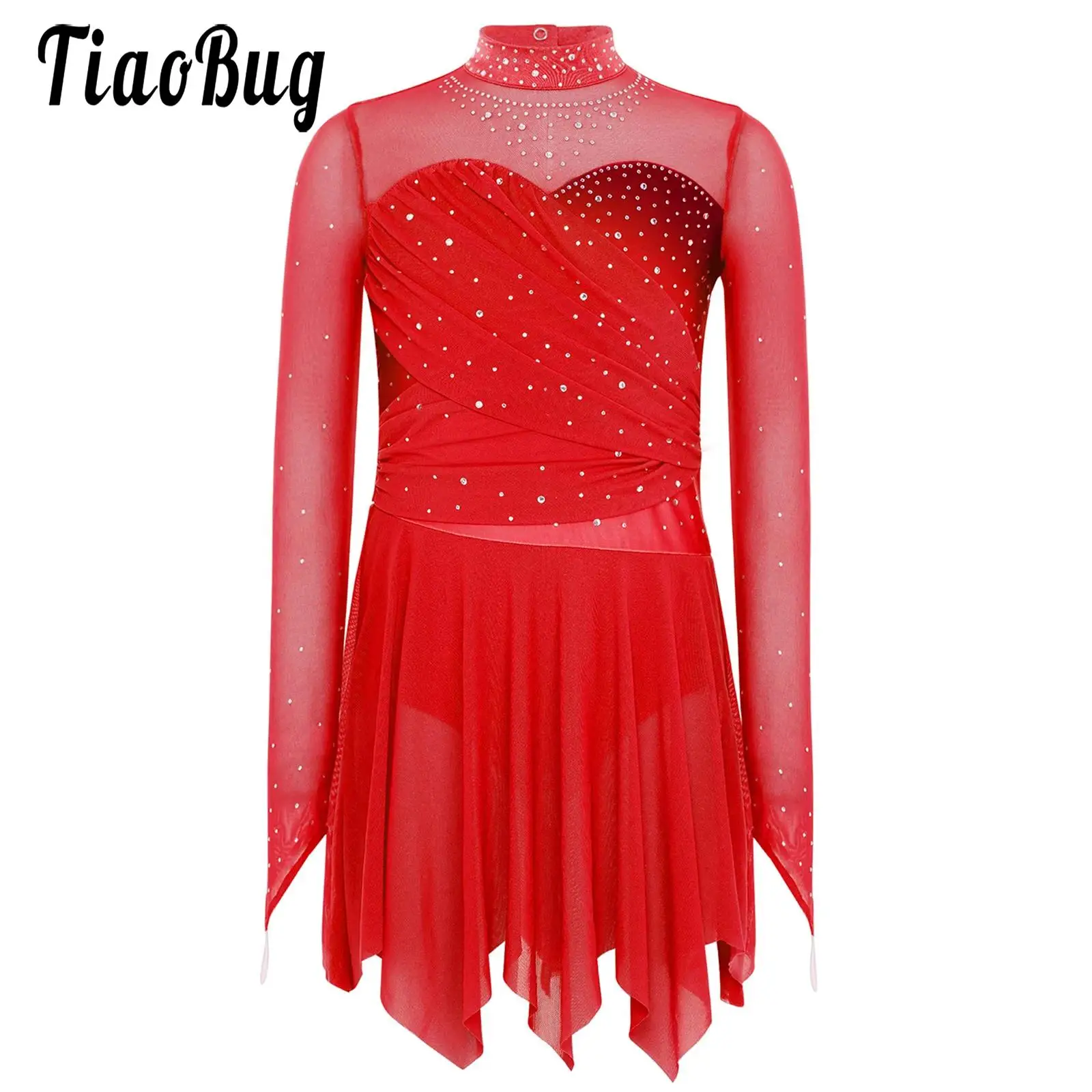 Kids Girls Sheer Mesh Lyrical Modern Dance Dress Tulle Rhinestones Ballet Gymnastics Leotards Figure Skating Performance Costume