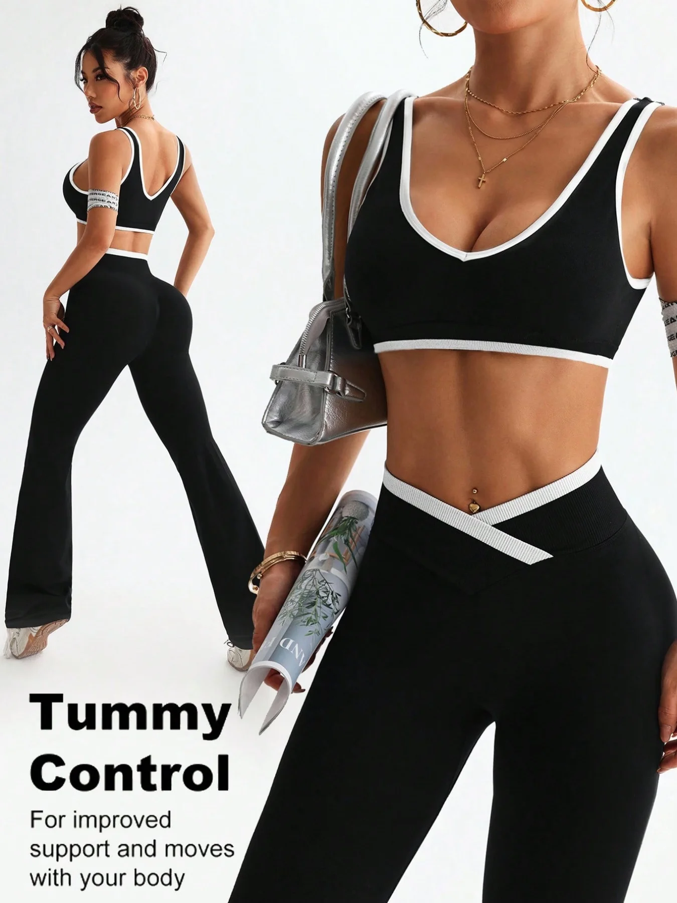 Color blocking wide shoulder strap sports set, shockproof women's one-piece yoga Tummy Control fitness sports set