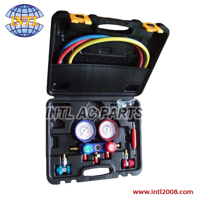 R134a 134a R12 Refrigerant Pressure Gauge Leaking Tester Manifold Gauge Set for auto air conditioning tool hose length 2.5m