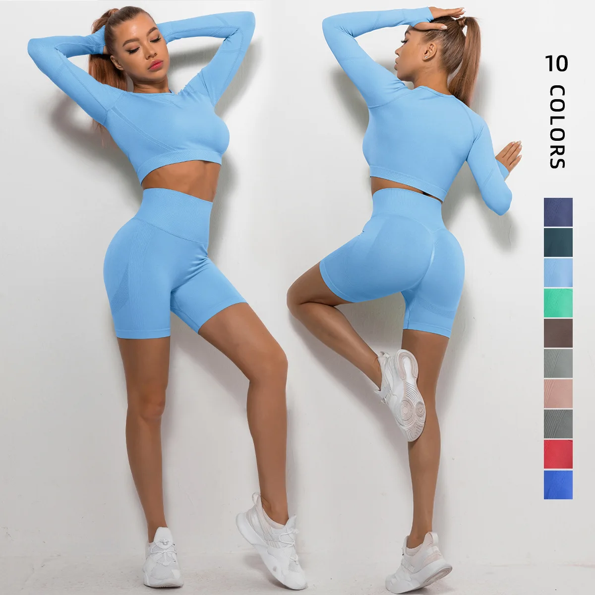 

High Waist Yoga Shorts Women's Seamless Solid Color Yoga Set Long Sleeve Fitness Running Sportswear Gym Suits Workout Clothes