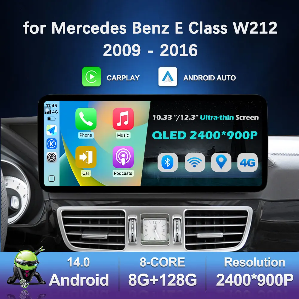 

Автомобильный радиоприемник Carplay, мультимедийный плеер для Mercedes Benz E Class W212 2009-2016 QLED-экран 4G Android 14, автоаксессуары, стерео