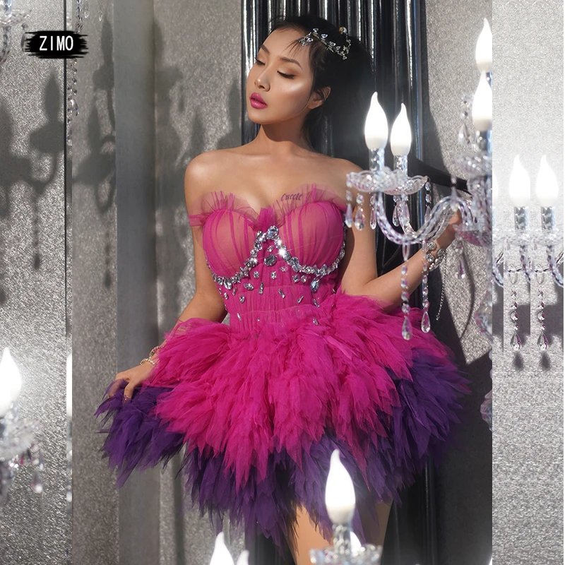 

Sexy Lace Mesh Crystal tops Skirt Women New Prom Birthday Party Evening-Dress Nightclub Stage Dance Performance Costume Designer