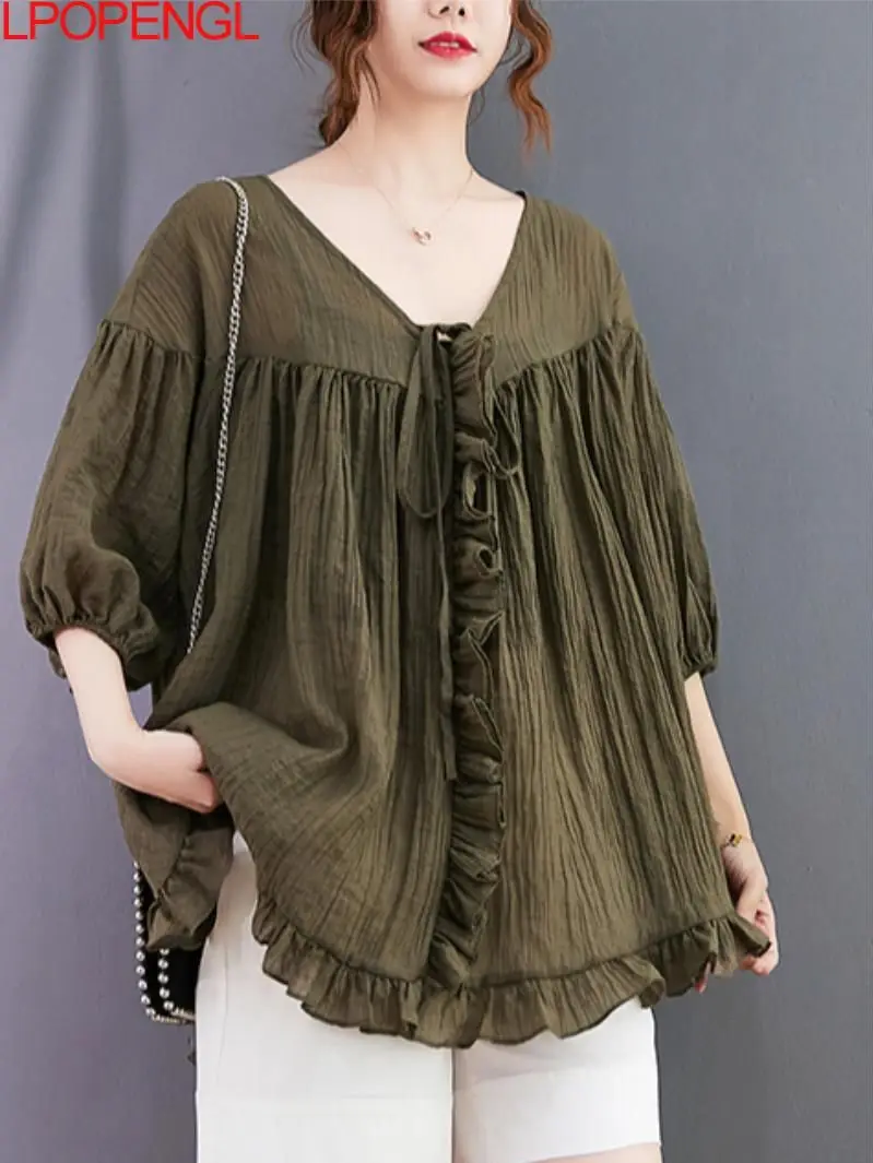 

Woman Solid Color Summer Oversized Pullover Top Loose Edible Tree Fungus Stitching V-neck Lace Thin Half-sleeved Vintage Shirt